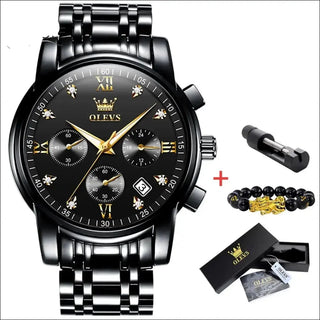 Stylish Mechanical Timepiece: Sleek Black Watch with Intricate Chronograph Dials and Elegant Metal Bracelet