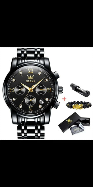 Black stainless steel luxury analog watch with multi-functions and decorative accessories