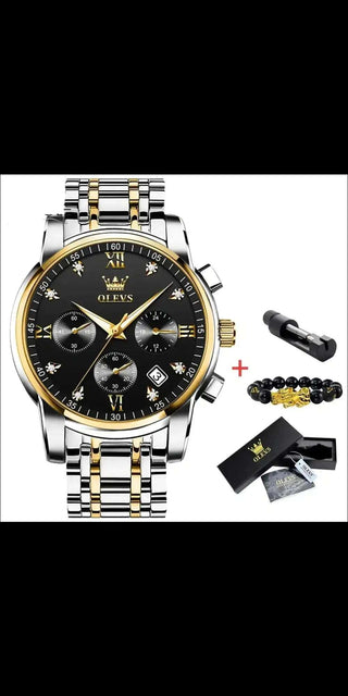 Elegant Mechanical Watch: Timeless Luxury and Precision - Black and gold toned stainless steel watch with chronograph and date display features from the Ritzy Mechanical Watch Store.