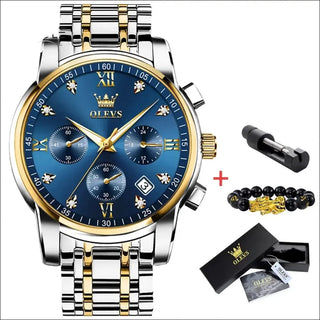 Elegant timepiece with chronograph display and ornate design. Gold and silver tone metal bracelet complements the blue dial. Luxury watch accessorized with stylish bracelet for a sophisticated look.