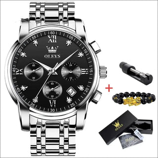 Elegant men's chronograph watch with stainless steel band and intricate black dial showcasing precise time and date functions. Sophisticated timepiece exuding style and precision from the Ritzy Mechanical watch Store.