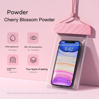 Pink waterproof mobile phone bag with touchscreen function and four layers of sealing for water protection
