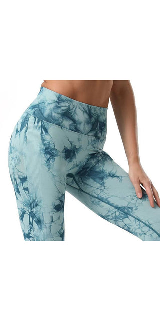 Stylish tie-dye fitness leggings with high waist and slim silhouette for activewear.