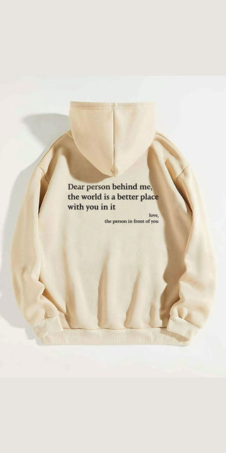 Cozy beige hoodie with heartfelt message, adding a touch of warmth and positivity.