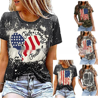 Stylish women's distressed American flag graphic t-shirt with bold text. Trendy fashion top featuring an eye-catching patriotic design perfect for casual summer wear.