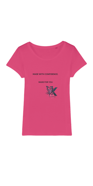 Vibrant pink organic jersey women's t-shirt with butterfly graphic and slogan "Made with confidence"