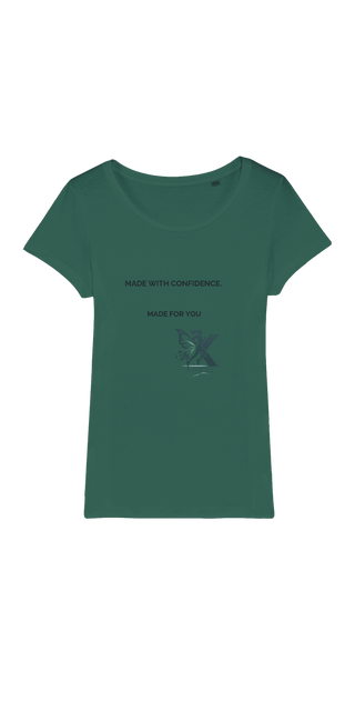 Green organic jersey t-shirt with "Made with compassion" text and a turtle graphic design