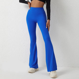 High-waist blue yoga leggings with a stretchy, comfortable fit and flared leg design worn against a plain white background.