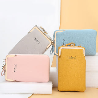 Fashion mobile phone shoulder bags with lock, women's messenger bag wallets in various pastel colors displayed on a plain background.