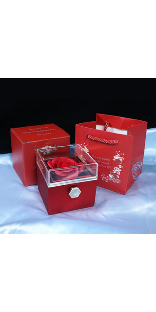 Caja de regalo giratoria con forma de rosa y flor de jabón, caja de embalaje de joyería con forma de rosa giratoria creativa, regalo del Día de San Valentín para mujer