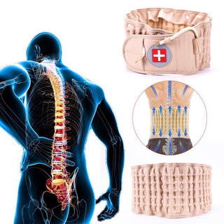 Back Decompression Belt for Lumbar Support and Pain Relief
Adjustable lumbar traction belt with medical icon, spinal X-ray image, and massage bead design to alleviate lower back discomfort.