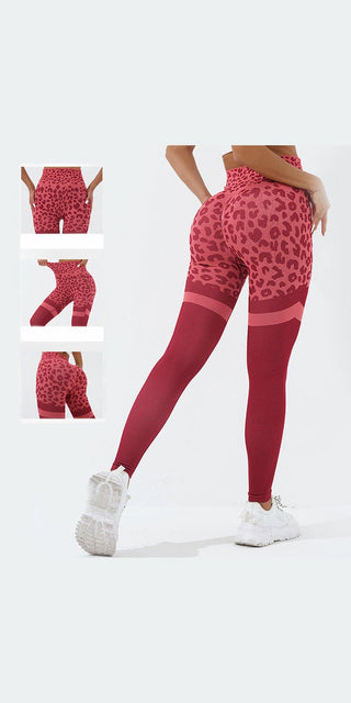 Leopard print high-waist seamless leggings in vibrant red, featuring a chic and trendy design for an elevated gym style.