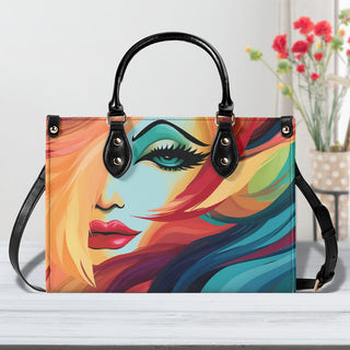 Colorful abstract illustration of a woman's face adorns this vibrant, eye-catching handbag from the K-AROLE fashion brand. The bold, vivid design and sleek black frame create a distinctive, modern accessory.