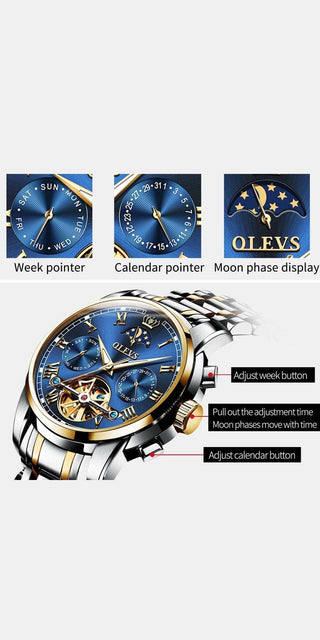 Elegant gold-tone mechanical watch with blue dial, moon phase display, and calendar functions. Showcased on a metal bracelet for a sophisticated business or dress look.
