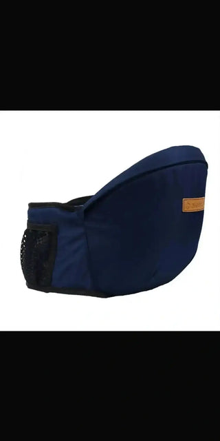 Stylish navy blue baby carrier with convenient storage pockets, designed for comfortable hands-free transport.