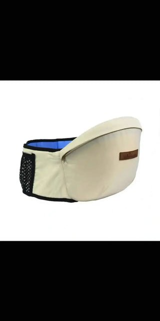 Comfortable baby carrier stool in white with blue accents, designed for convenient and hands-free baby carrying.
