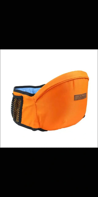 Stylish orange baby carrier waist stool with mesh pockets for comfortable hands-free parenting.