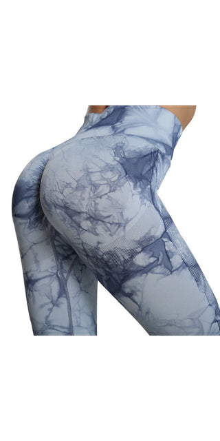 Gray and white tie-dye printed high-waist fitness leggings with a hip-lifting design, perfect for sports and yoga.