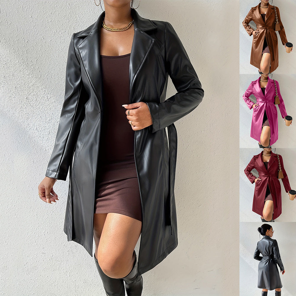 K-AROLE®️ Long Sleeve Lapel PU Leather Jacket With Pockets Slim Fit Long Trench Coat