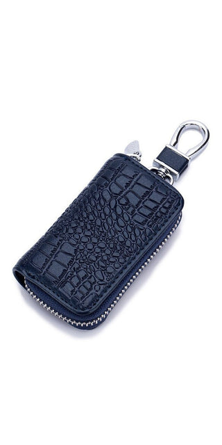 Premium leather key holder with zipper pouch for organizing car keys, wallet, and accessories. Sleek, stylish, and durable design in a classic navy blue color.