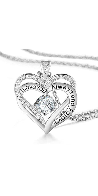Elegant heart-shaped pendant with crystal accents. Delicate silver-tone necklace showcases "I Love You Always" engraved design. Stylish jewelry piece perfect for any occasion. Fashionable accessory from the K-AROLE store.