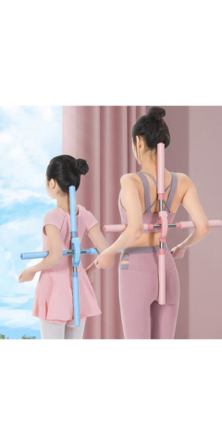 Flexible women's fitness attire in pink and blue, featuring a back opener grip strap for improved posture and mobility.