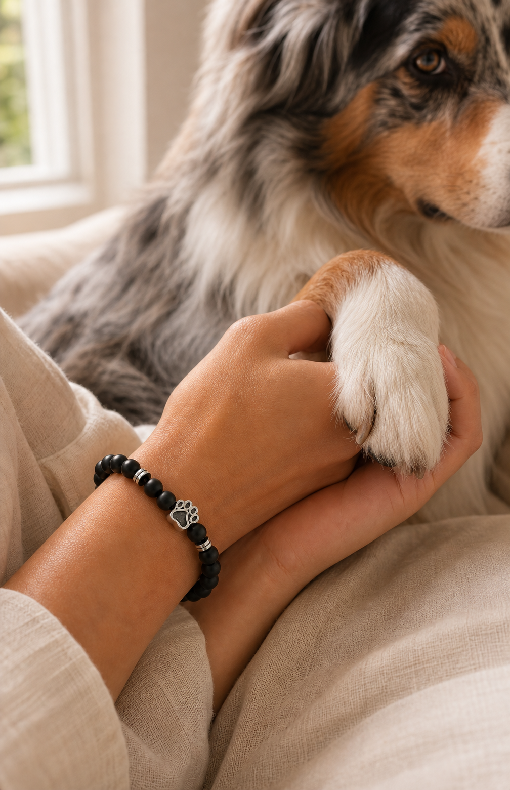 Femme tenant la patte de son chien avec le bracelet empreinte de patte K-AROLE