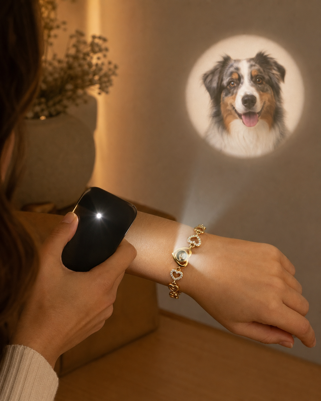 Démonstration du bracelet projection photo K-AROLE révélant le portrait d’un chien avec la lumière du téléphone