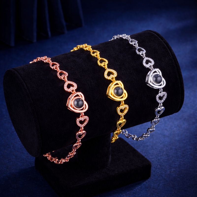 Luxury heart projection bracelet on midnight blue display – personalized photo jewelry by K-AROLE