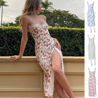 Elegant floral print dress with high slit, perfect for summer garden party
