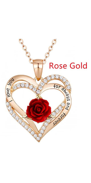 Delicate Rose Gold Necklace with Heart Pendant and Sparkling Accents - Adorned with a Beautiful Red Rose, a Romantic Gift for Her.