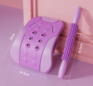 Purple lumbar traction tensioner device with massage rollers and adjustable handle for soothing lower back pain relief, on pink background.