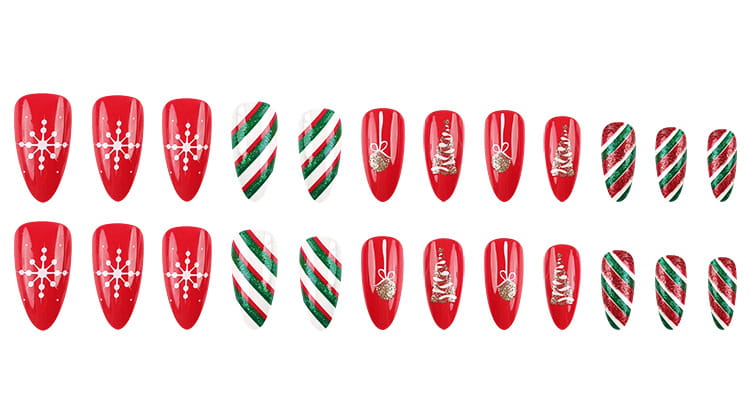 24pcs Christmas False Nails Hat Striped Snowflake Nail Art