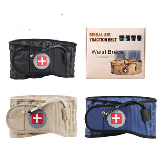 Spinal air traction belt for lower back pain relief and lumbar support. Adjustable waist brace with medical cross symbol. Offers compression and decompression for herniated disc and back injury treatment.