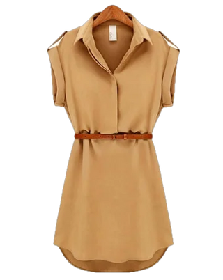Casual summer style dress from K-AROLE. Tan-colored chiffon mini dress with v-neck, short sleeves, and a removable belt.
