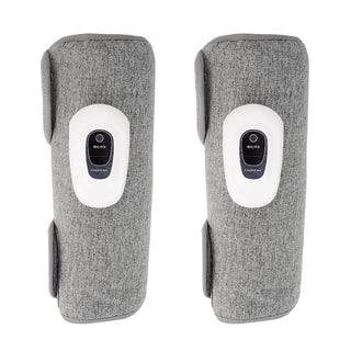 Pair of portable air leg massagers with wave compression technology, featuring a gray fabric cover and control panel with buttons, designed for soothing and relaxing leg massage at home.
