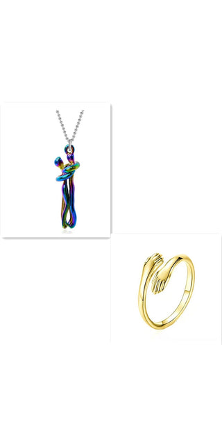 Elegant Unisex Jewelry Accessories: Colorful Charm Necklace and Adjustable Gold-Tone Ring from K-AROLE's Trendy Collection.