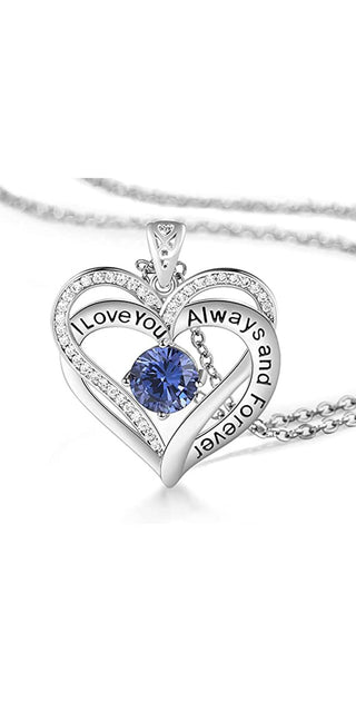 Elegant crystal heart necklace with "I Love You Always" engraved in the pendant, adorned with a vibrant blue gemstone, showcasing a stunning design for the fashion-forward K-AROLE customer.