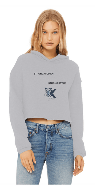 Stylish cropped gray hoodie with bold "Strong Women, Strong Style" graphic for a trendy, confident look.