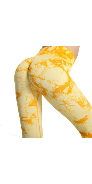 Vibrant yellow tie-dye fitness leggings with a sleek, high-waisted design for a stylish, flattering silhouette.