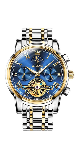 Elegant men's automatic watch with skeleton dial. Stainless steel and gold-tone bracelet, blue and gold chronograph design, featuring a moon phase display. A luxurious business and dress timepiece from the K-AROLE collection.