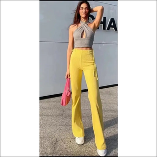 Chic High - Waisted Yellow Palazzo Pants for Stylish Flair - K - AROLE