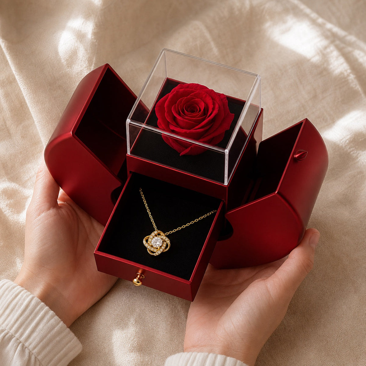 Coffret rouge ouvert avec rose préservée sous cloche et collier doré dans le tiroir