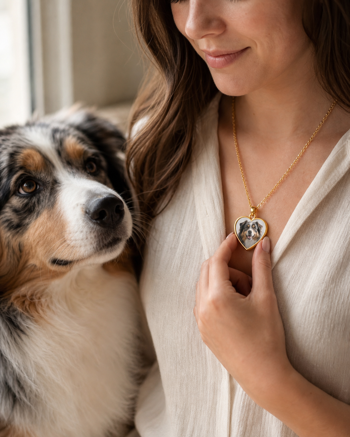 Femme portant un collier cœur personnalisé avec la photo de son chien K-AROLE