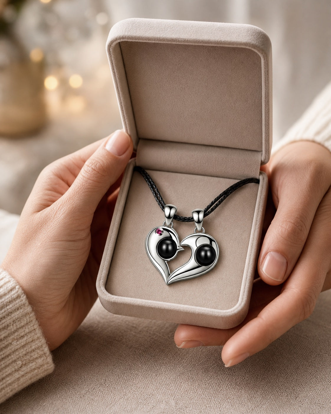 Collier couple deux cœurs présenté dans un coffret cadeau