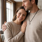 Intimate moment with couple holding heart projection necklace, emotional jewelry lifestyle scene