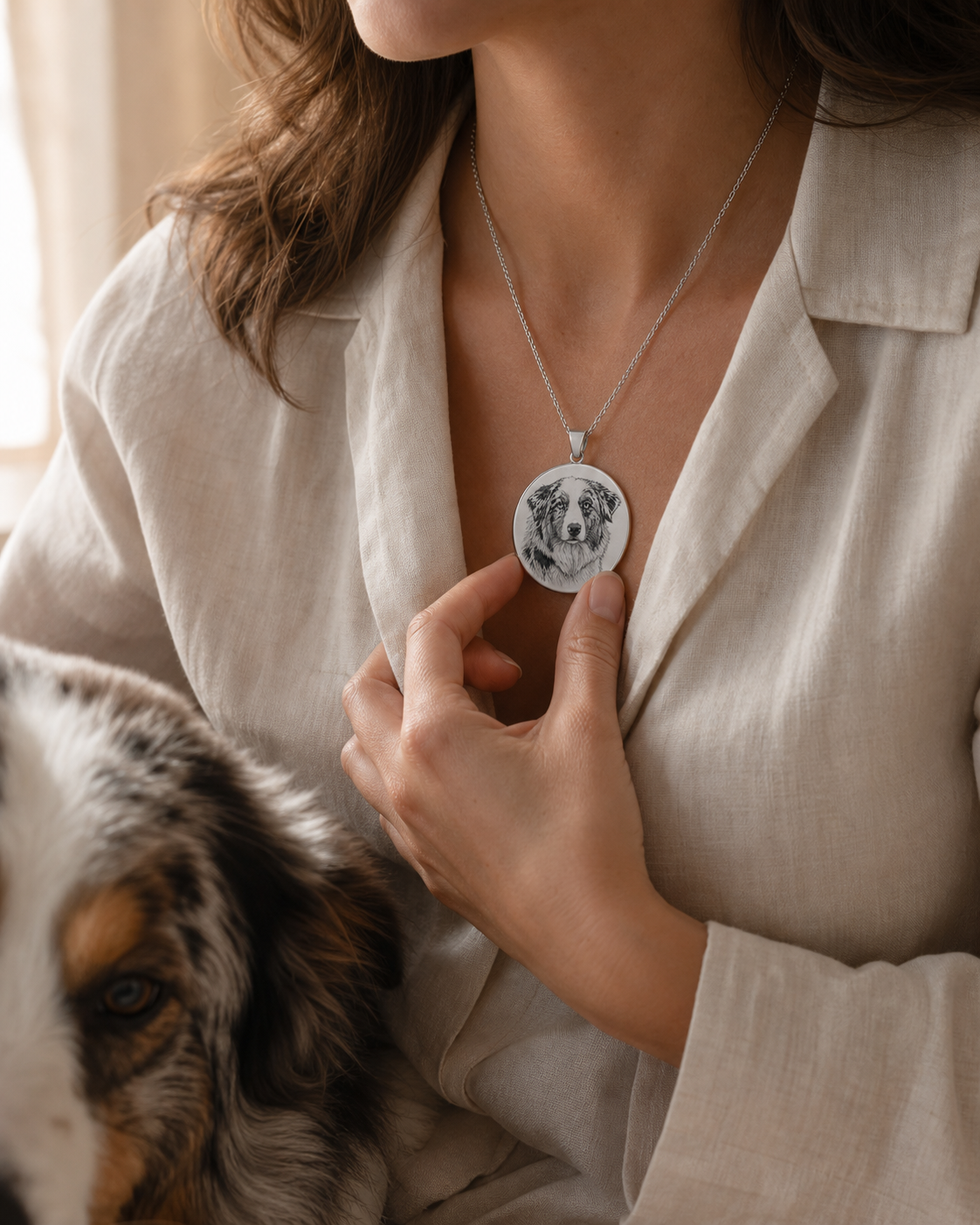 Femme portant le collier portrait gravé de son chien K-AROLE, scène lifestyle émotionnelle