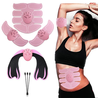 Pink abdominal and hip trainer with massage nodes. Portable, USB rechargeable muscle stimulator for targeted toning and relaxation. Ideal fitness accessory for women's active lifestyle.