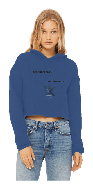 Stylish women's cropped hoodie with graphic print on navy blue background.