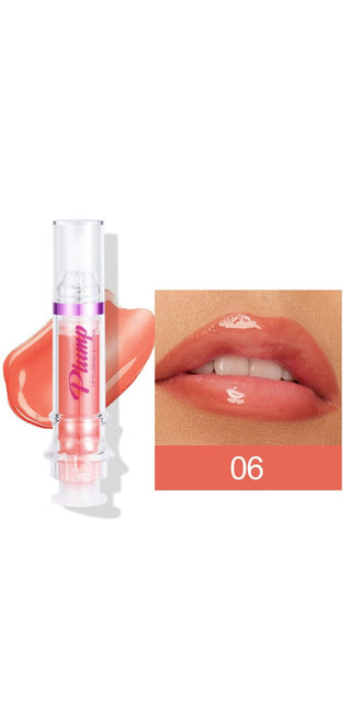 Glossy coral-toned liquid lipstick with mirror-like finish, packaged in transparent tube for easy application.
